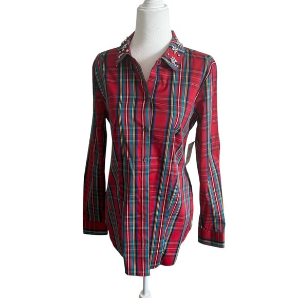 NWT Red Plaid Button Down Shirt Christmas Charter Club US 6 Rhinestones - Picture 5 of 13